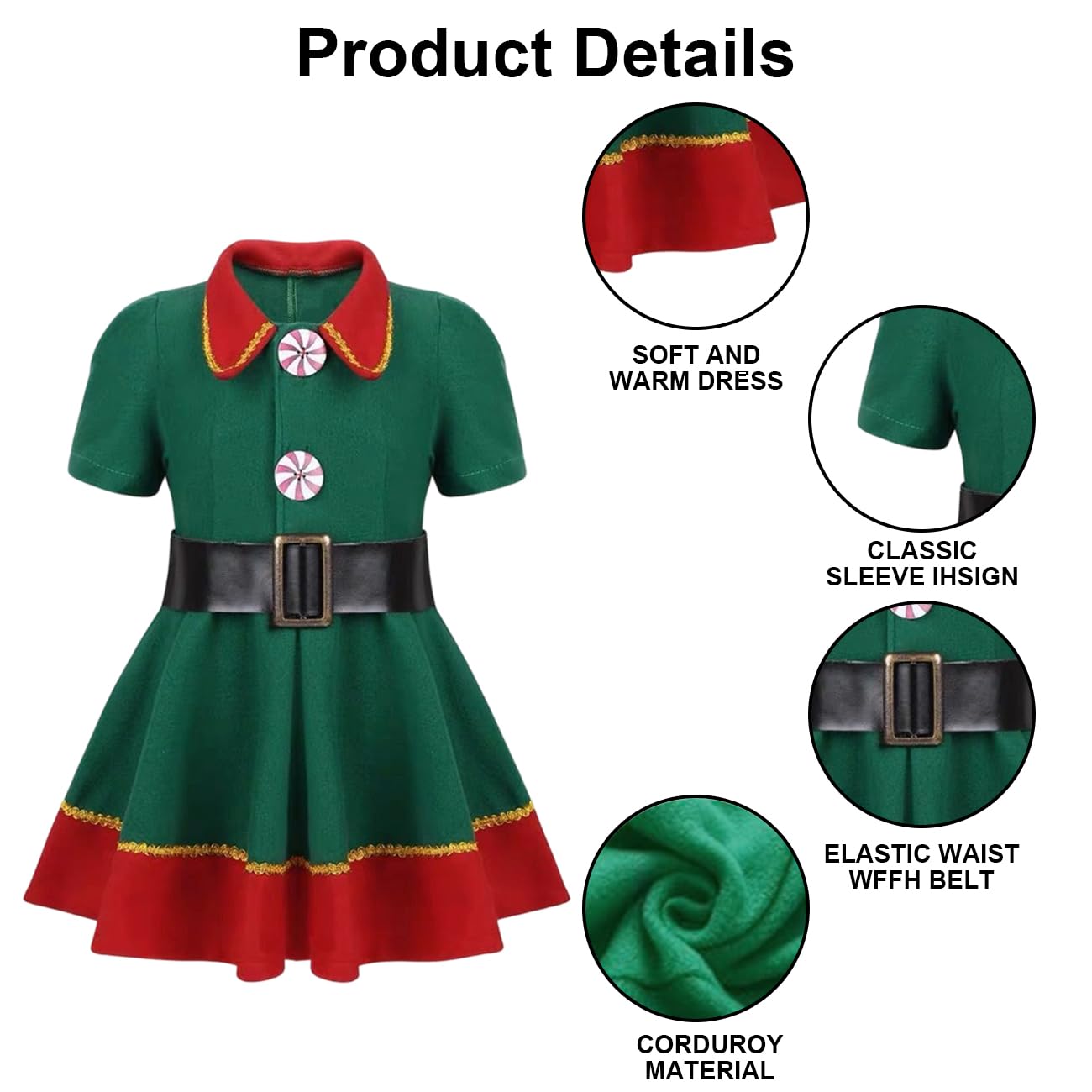 WFKKMEQ Green Christmas Elf Costume, Santa Helper Cosplay Set, 4 Piece Xmas Elf Outfit, Christmas Fancy Dress - Image 3