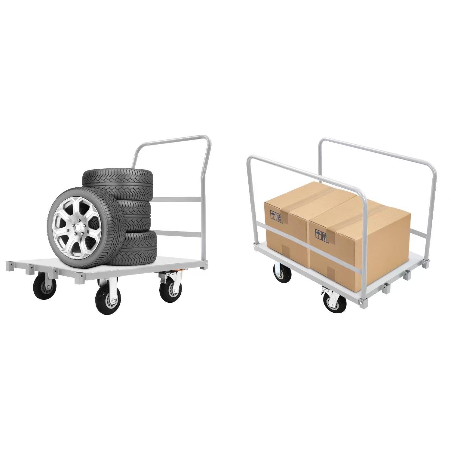 CAIHAOA 2 in 1 Platform Cart, Industrial Dolly Cart Hand Truck Platform Cart, with 1 Front & 2 Side Handrails, 2000 lbs Capacity, Heavy Duty Dolly Cart for Groceries, Warehouse, 36 x 24 x 30.55 inch