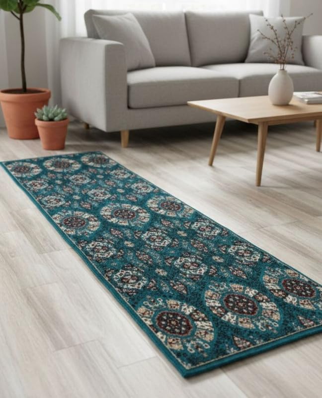 Image of Premium Runner Carpet, Vintage Medallion Pattern, Non Slip, Thick, Ideal for Bedroom, Living Room & Entryway, 3x5 Feet Teal Multi Color