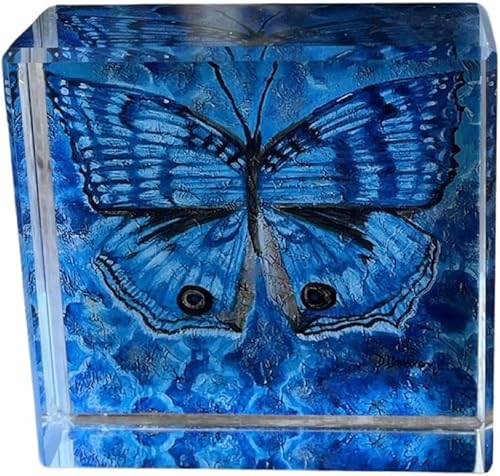 Pisapapapeles de cristal de mariposa, regalo coleccionable azul y negro Morpho 2.5 x 2.5 pulgadas 0.5 pulgadas con pintura original de la artista