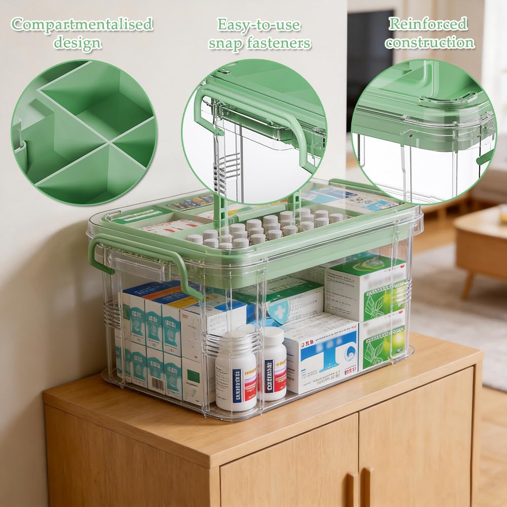 Paquete de 2 organizadores de almacenamiento de medicamentos de plástico transparente, botiquín portátil con asa, caja de medicamentos de doble capa, caja de primeros auxilios multiusos para
