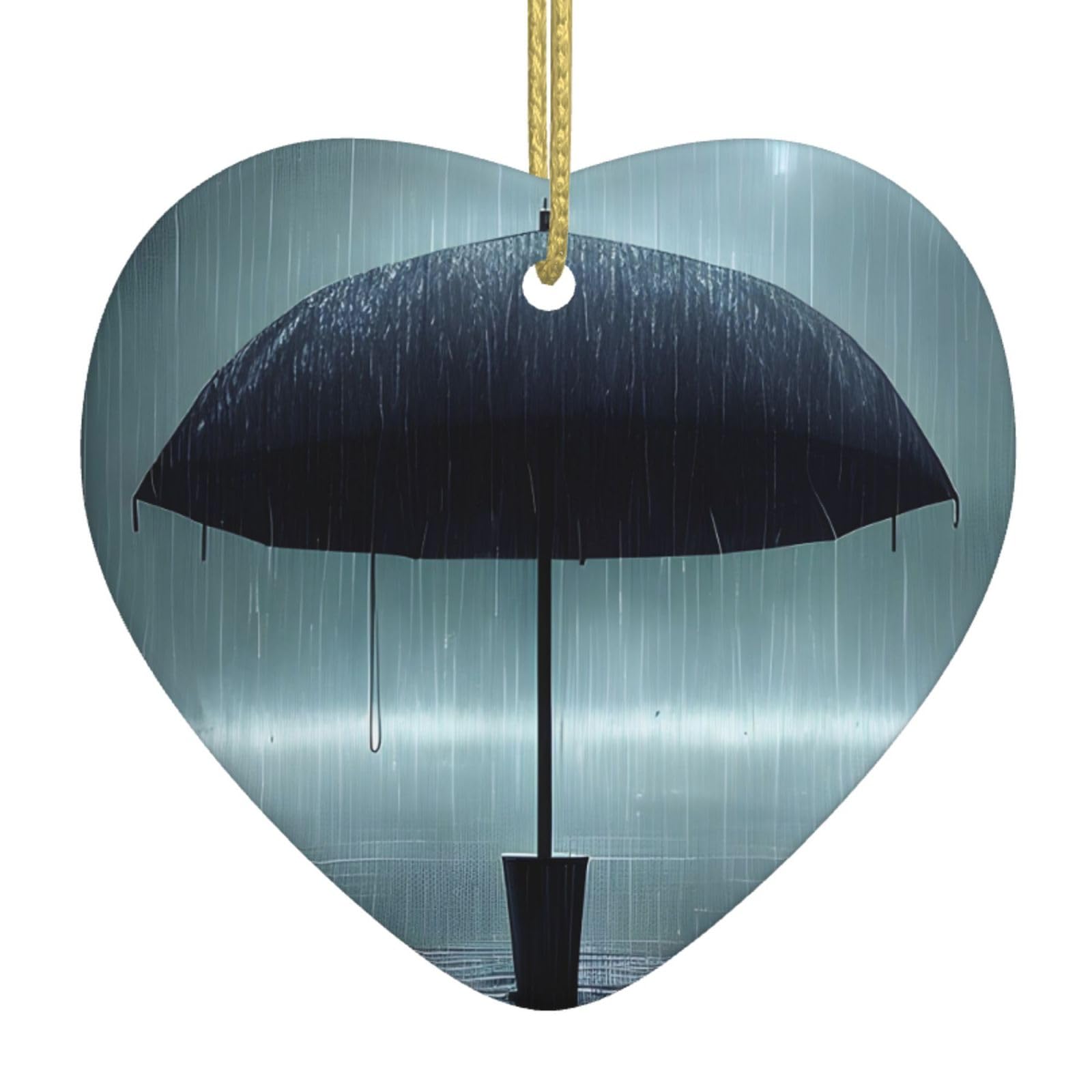 Black Umbrella in The rain Ceramic Christmas Heart Pendant with Silk Thread, Christmas Tree Home Decoration