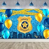 Polizei-Hintergrund, Polizei-Thema, Happy Birthday, Party-Dekorationen, Polizeiabteilung, Abzeichen, blaue Ziegelmauer, Fotografie-Hintergrund für Polizei-Party-Zubehör, Wanddekoration, 183 x 100 cm