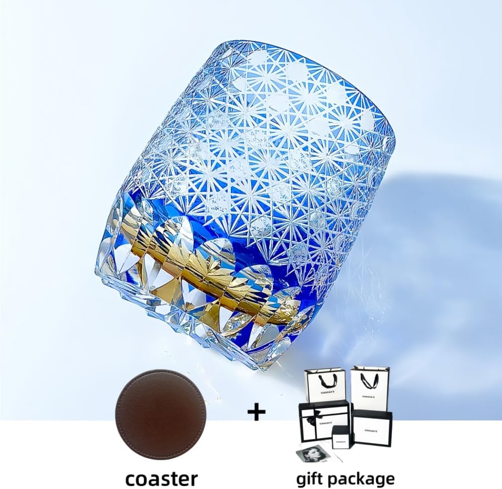 suigetsu Crystal Whiskey Glass, Black Diamond Cut, 11 oz, Japanese Style Old Fashioned Glass for Cocktails (OCEAN BLUE)