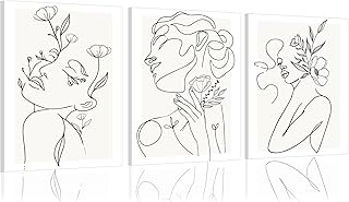 yulihaz Minimalist Woman Flower Line Wall Art Set of 3 Neutral Modern Ab...