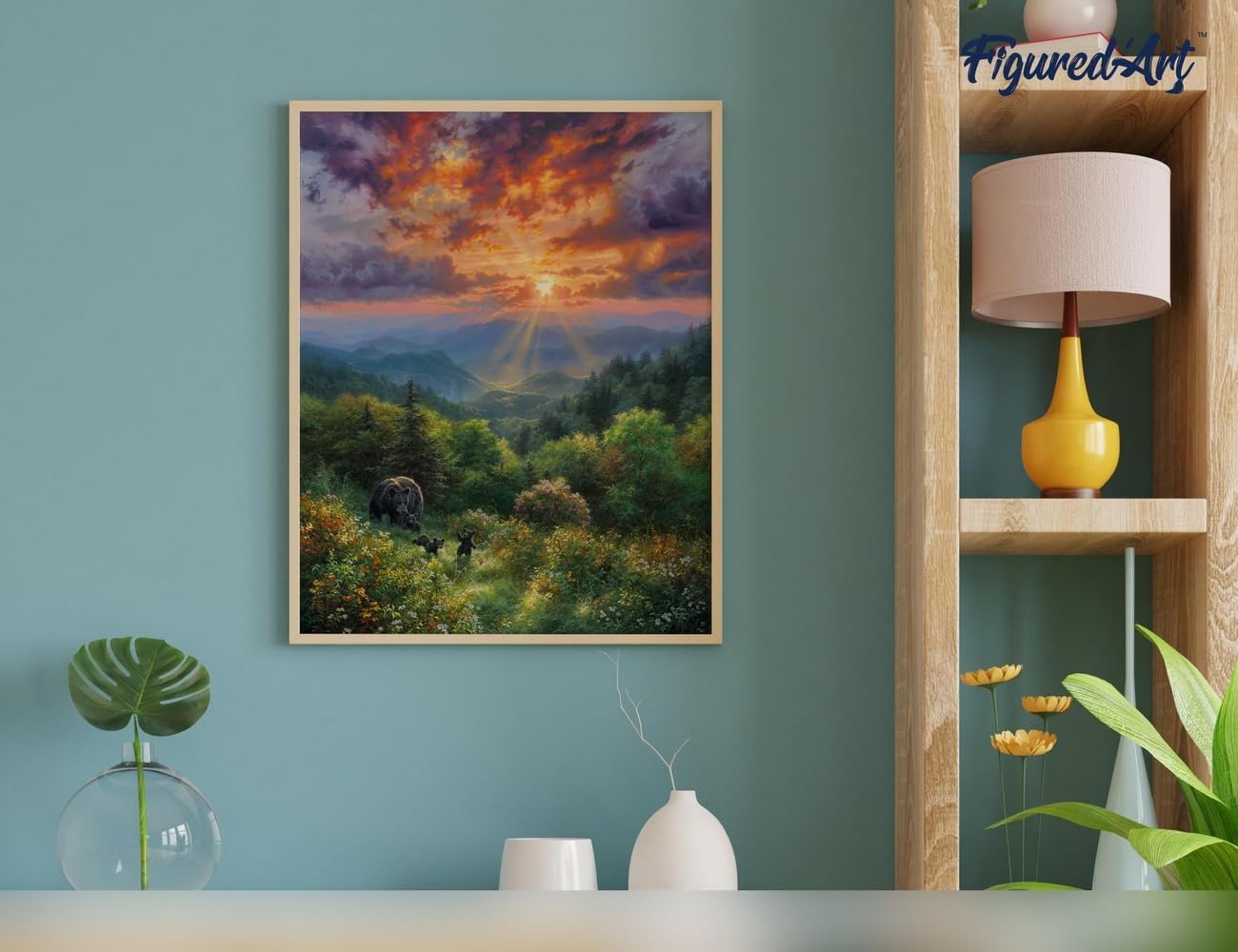 Figured'Art Paint by Numbers for Adults Bear and Sunset 16"x20" - Craft Art Painting Rolled Canvas with DIY Wooden Frame