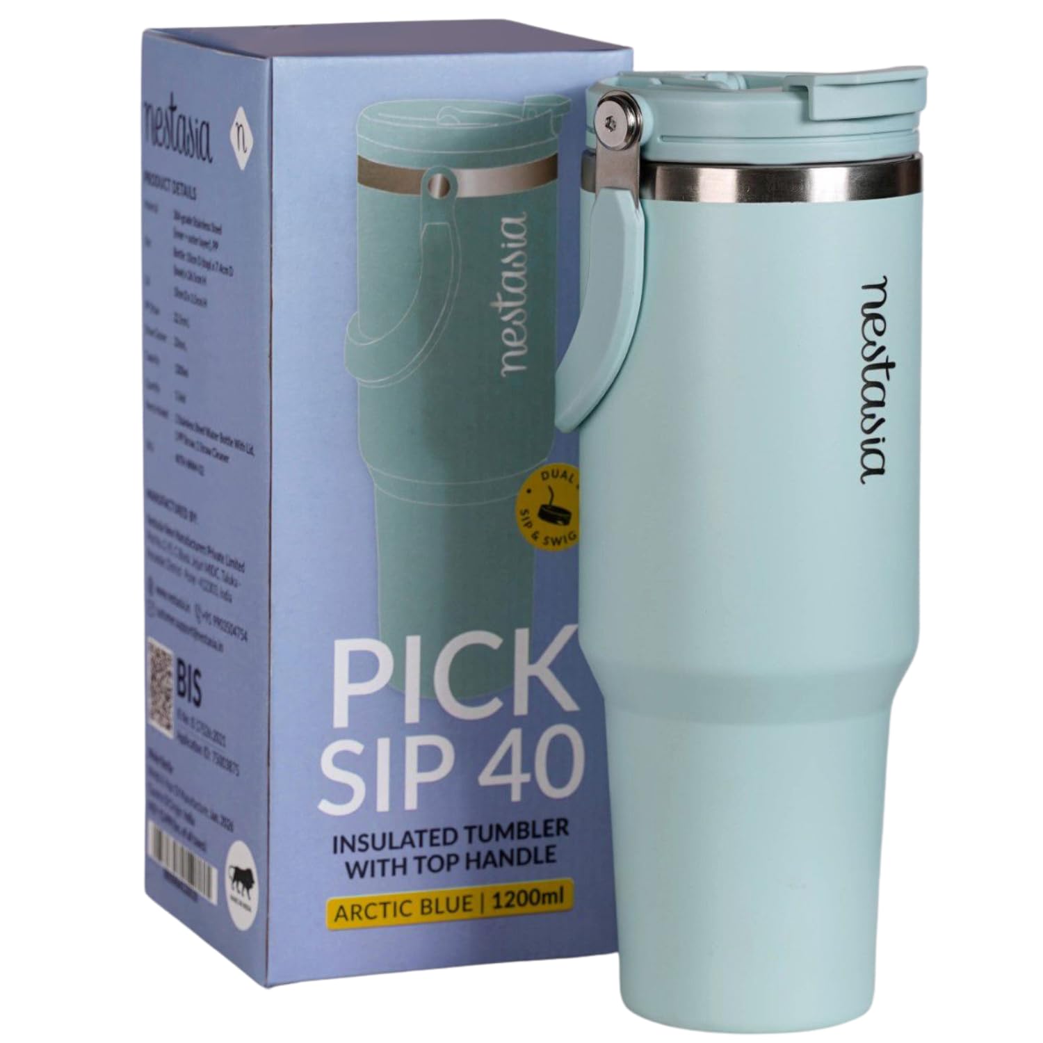 Nestasia PickSip40 Tumbler with Straw & Top Handle 1.2L | Insulated Stainless Steel Sipper Water Bottle for Adults with Dual Flip Opening Sip-Swig Leakproof Lid for Office & Gym (Arctic Blue)