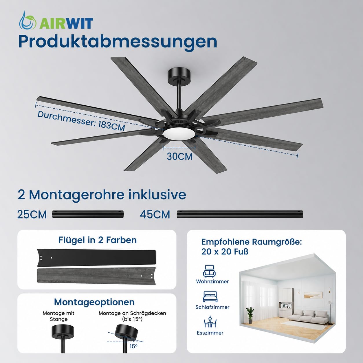 Airwit 183cm Deckenventilator mit Beleuchtung und Fernbedienung, Outdoor, leise, wendbare Flügel, Industrial Design