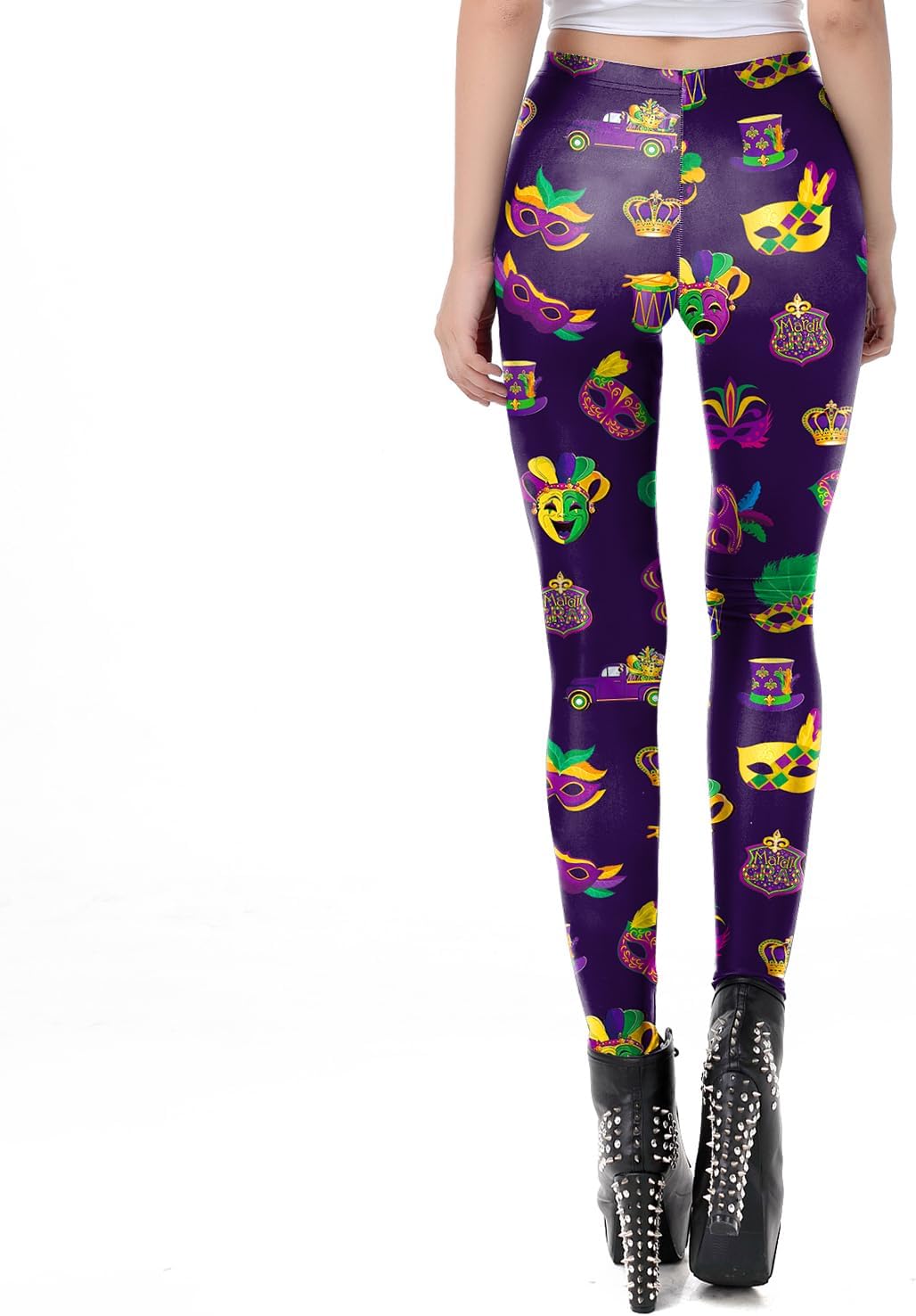 Women Mardi Gras Party Costume Stretchy Leggings Tights with tri-Colors Beads Necklace for Party Costume - Image 4