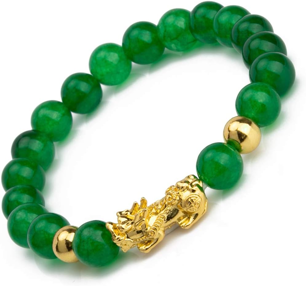 Fengshui Porsperity Jade Bracelet Lucky Charm Feng Shui Black Obsidian Wealth Bracelet Gift for Men Women with Gold Plated Pi Xiu Pi Yao Attract Wealth Good Luck(Green)