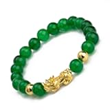 Fengshui Porsperity Jade Bracelet Lucky Charm Feng Shui Black Obsidian Wealth Bracelet Gift for Men Women with Gold Plated Pi Xiu Pi Yao Attract Wealth Good Luck(Green)