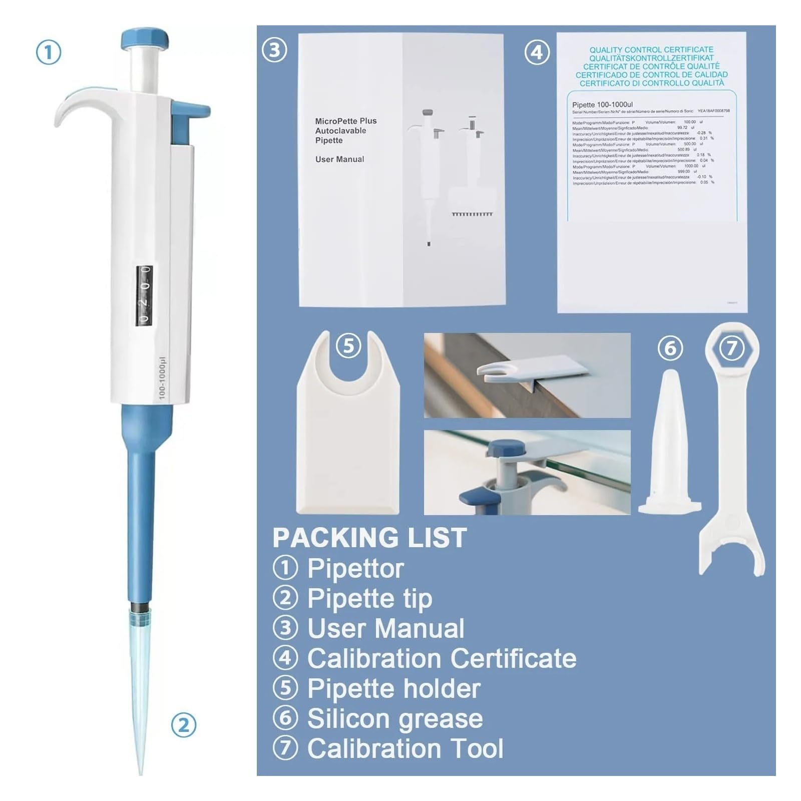 Micropipeta de laboratorio, pipeta ajustable de un solo canal de plástico, equipo de laboratorio de química 100-1000ul Extracción precisa(5-50ul)