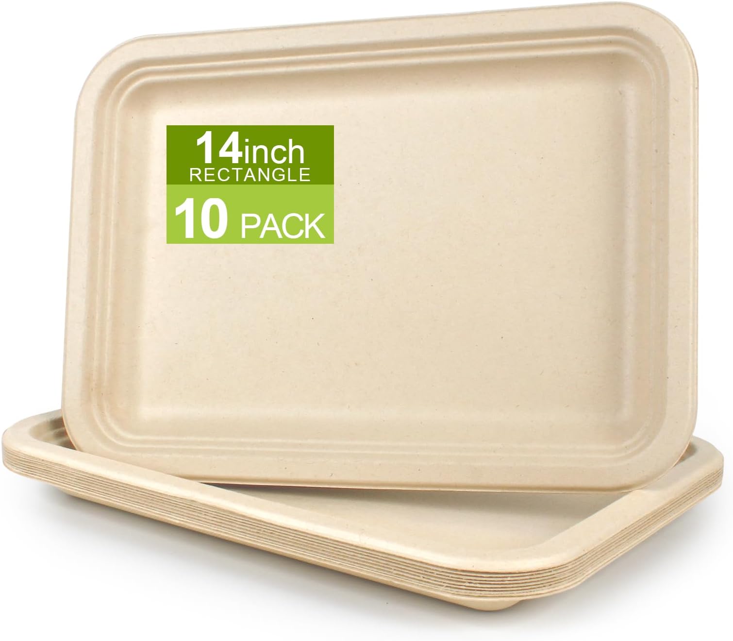 BangShou 10-Pack Food Plates, Rectangular Paper Plate, Microwave-Safe, Soak-Proof, Cut Resistant, Compostable, Biodegradable, 14" Disposable Paper Plates for Everyday, Party, Picnic, BBQ