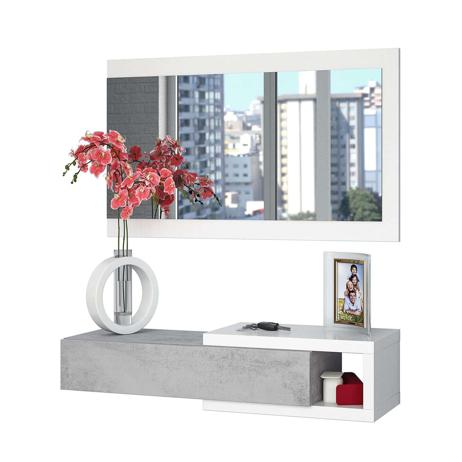 Mondo Viro Kit Mueble de entrada colgante con espejo Noon de aglomerado 95 x 26 cm 19 h (Cemento)