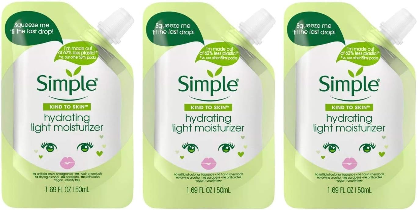 Simple Sassy Hydrating Light Moisturizer Mini Travel Size Eco Friendly Pouch, 1.69 Fl Oz, Pack of 3