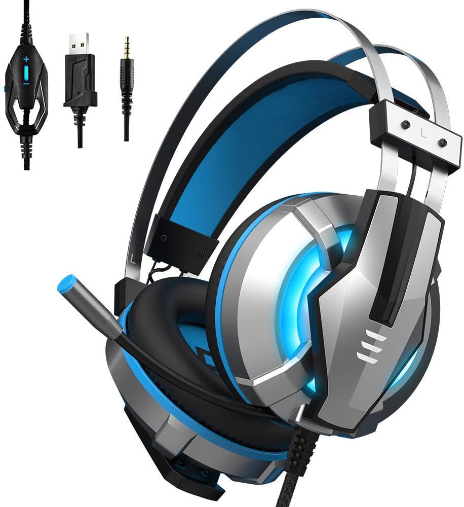 EKSA Stereo Gaming Headset for PS4, PC, Xbox One Controller, Noise Cancelling Over Ear Headphones with Mic, LED Light, Soft Memory Earmuffs for Laptop Mac Nintendo Switch Games,Blue