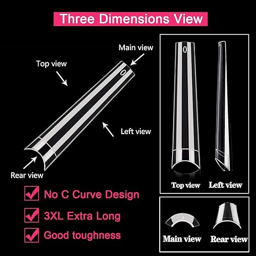 Miniatura 4 de 500 puntas de uñas cuadradas XL sin curva C, puntas de uñas cuadradas cónicas de acrílico transparente, media cubierta, puntas de uñas francesas