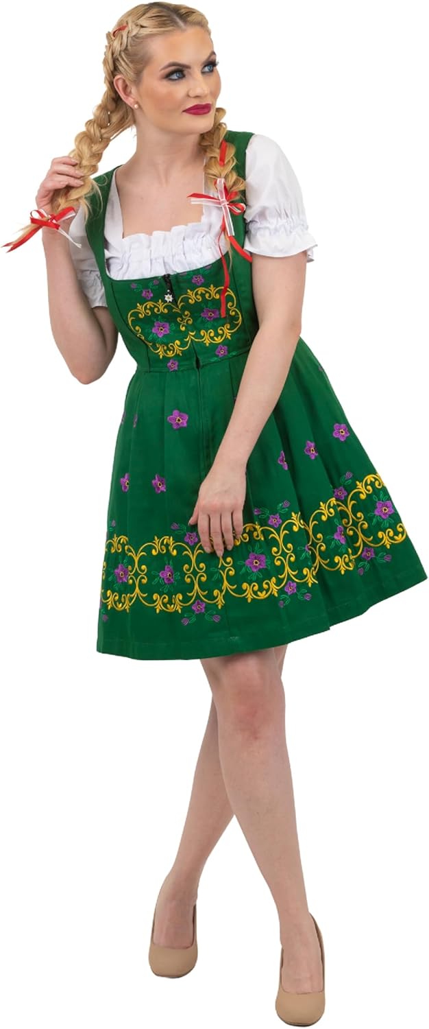 Dirndl Trachten Haus 3-Piece Womens Short Green Authentic German Dirndl Dress For Oktoberfest