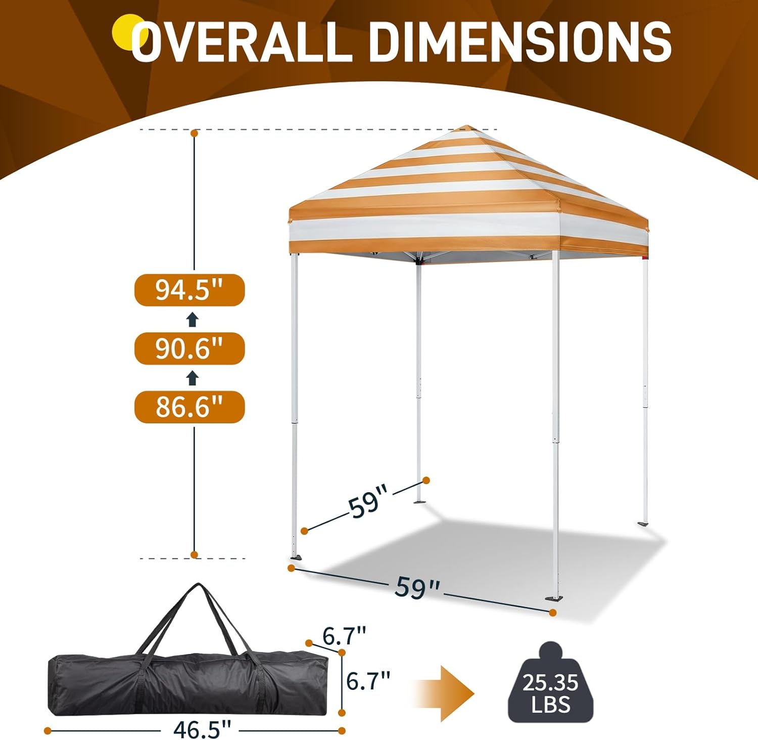 Diagram showing the overall dimensions of the VINGLI 5x5 Pop Up Canopy Tent, including adjustable peak heights (86.6, 90.6, 94.5 inches) and packed dimensions of the carry bag.