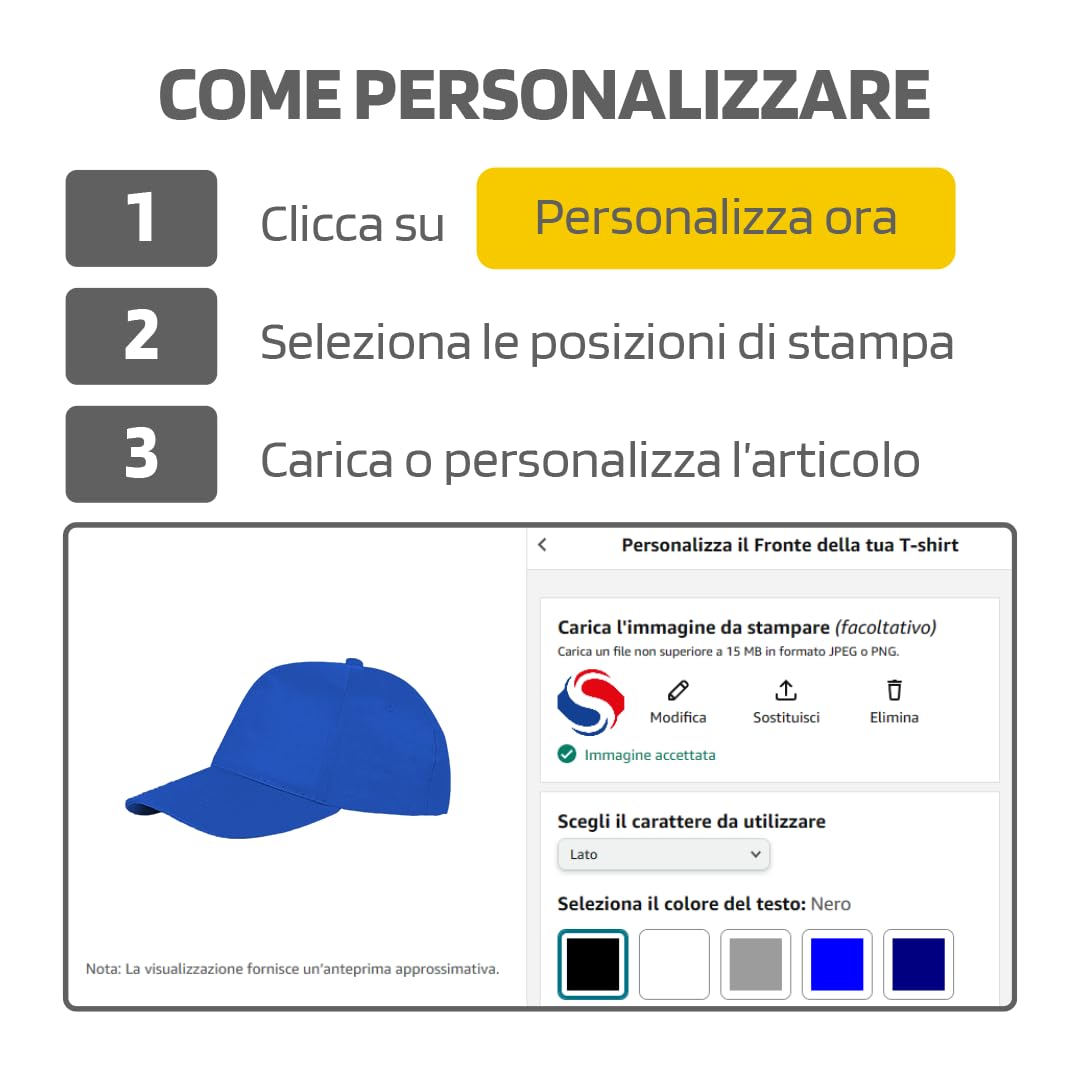 Set 1, 5, 10, 25, 50,100 Pezzi Cappellini Personalizzati con Visiera per Uomo Donna | Personalizzabili con Scritte, Logo e Immagini | Regolabili | Disponibili in 8 Colorazioni