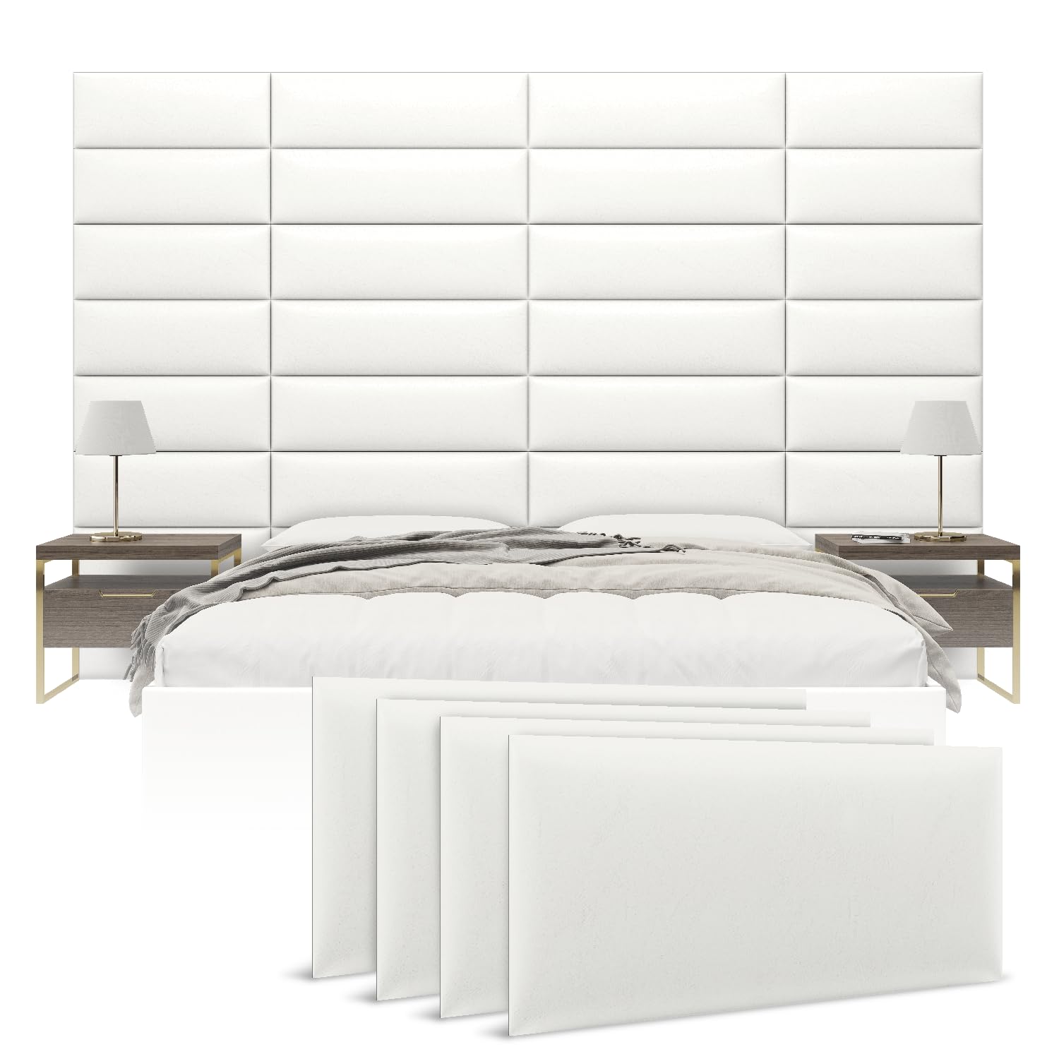 Vänt Upholstered Wall Panels - King/Cal King Size Wall Mounted Headboards - Vintage Leather White Dove - Twin/King - Set of 4 Panels (Each Individual Panel 39"x11.5")