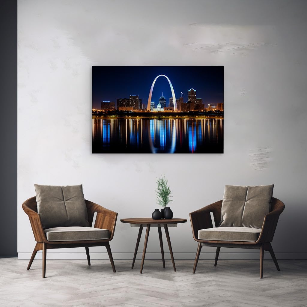 Canvas for Living room. Gateway Arch Illuminated: St. Louis' Nighttime Splendor Unveiled, 27 x 18 inch Canvas Wall Art - Modern Home Decor