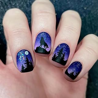 24 Pcs Halloween Press on Nails Short Square Nail Tips,YEFIUO Dark Blue Matte Fake Nails Press ons Acrylic Nail Kit Glue on Nails Full Cover Reusable False Nails for Ma'am Wolf Nail Art Decorations