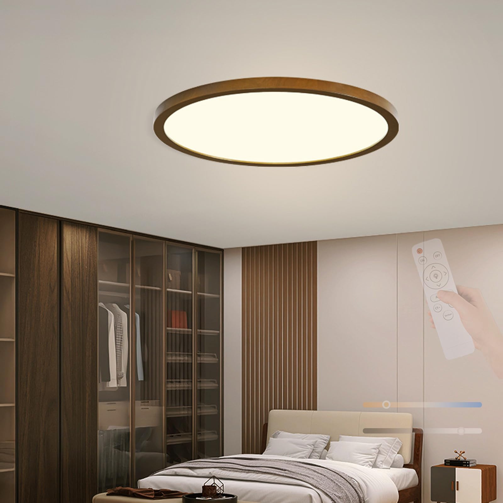Madera Plafon LED Techo Redonda Plana Regulable 2700K-6500K Lámpara de Techo con Mando a Distancia Lámpara Techo Delgada Diseño para Salon Dormitorio Habitacion (Color Nogal,50cm)