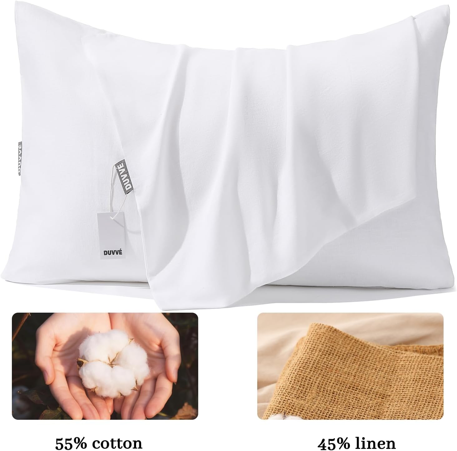 Luxury Pillowcase Set (2 Pack), Cotton Linen Blend, Soft Breathable, Envelope Closure (White, King)