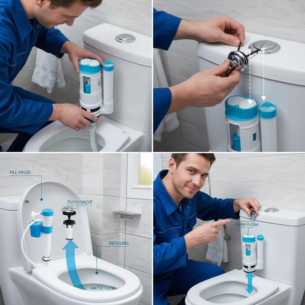 Sistema de descarga de inodoro de repuesto, Wieat Kit de cisterna de inodoro de doble descarga, botón pulsador para baño doméstico, válvula de llenado ajustable azul, adecuado para depósitos con una