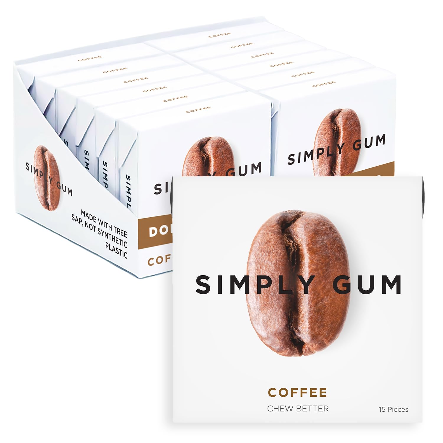 SIMPLY Gum Coffee, Plastic Free Natural Chewing Gum, 12 Pack (180 Pieces) | Vegan, Kosher, Non GMO, Aspartame Free and Sorbitol Free