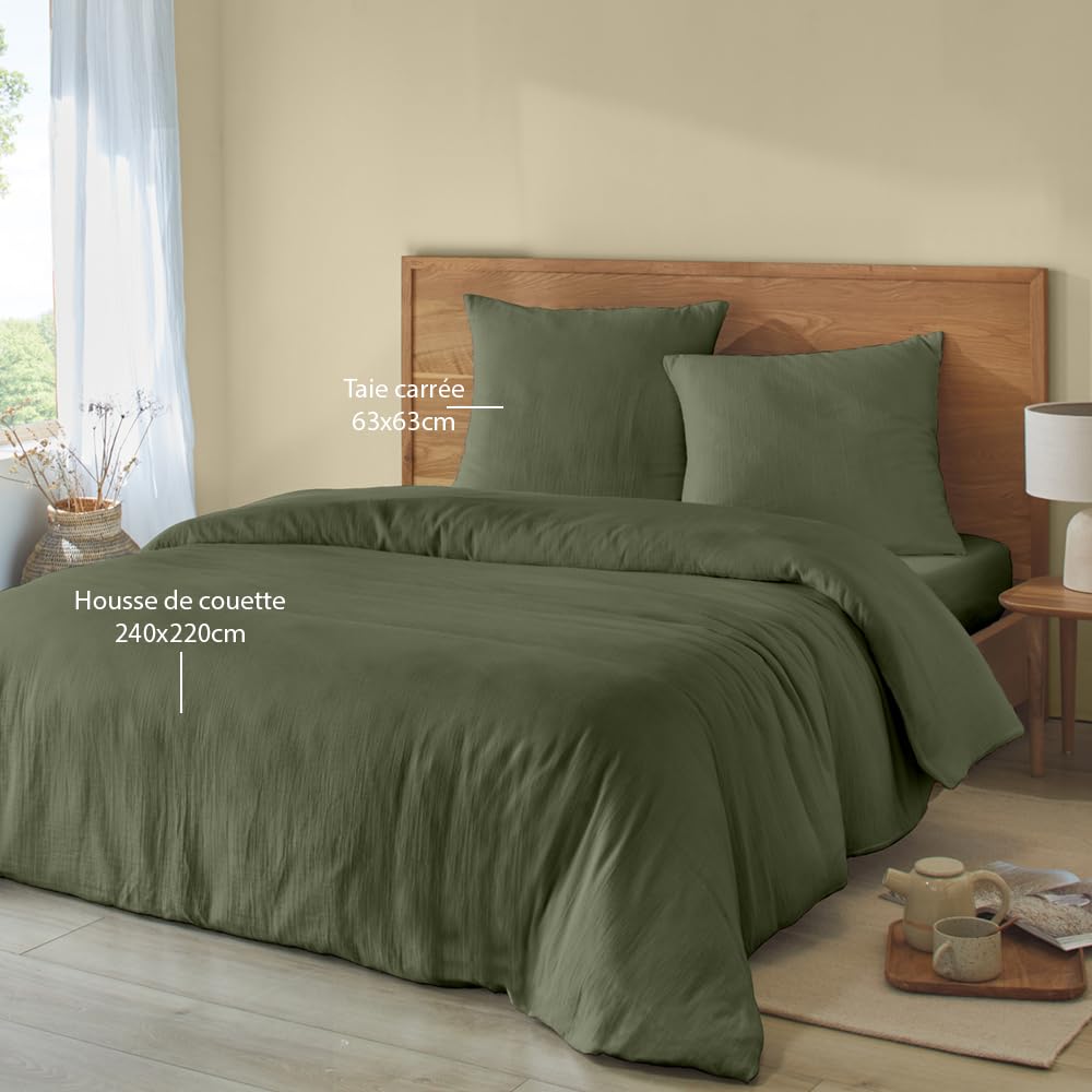 Duquennoy & Lepers - Parure de Lit Double Gaze de Coton - Housse de Couette 240×220 CM avec Boutons + 2 Taies – Tissu 71 Fils, 145 g/m² - Douce, Aérée et Élégante - Oeko-TEX® - Kaki