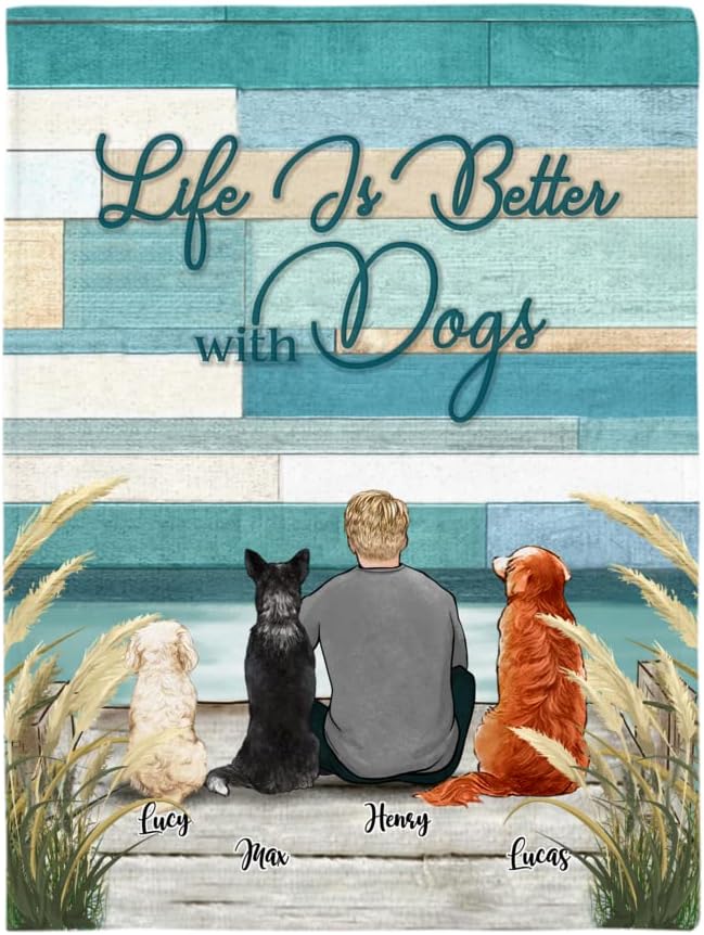 Gossby Personalized Dog Dad Fleece Blanket - Life is Better with Dog - Custom Gift for Dog Lovers Men with Design, Name, Dog Breed - Birthday, Christmas, Fathers Day Dog Dad Gift - Man and His Dog