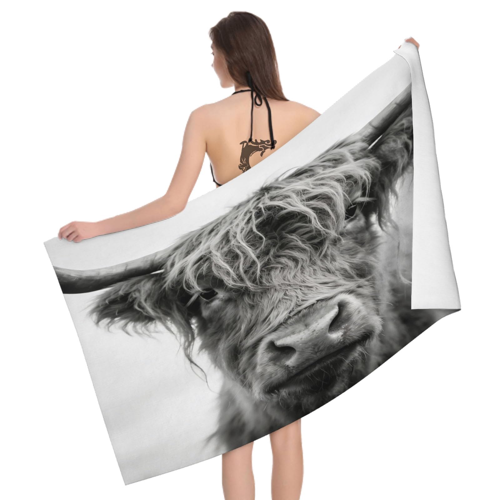 Leichong 3D Highland Cattle Beach Towel Microfiber Soft Quick Dry for Adults, Animal Bath Towel Lightweight Soft Absorbent for Travel Swimming Pool Sports, 75 x 150 cm