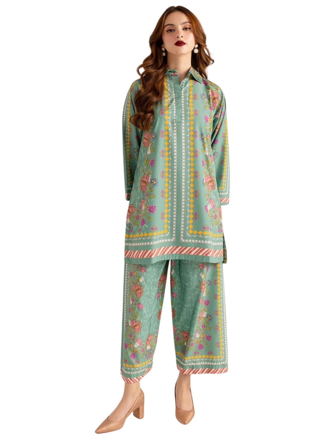 Modestouze Attires Cord Set for Women Cotton Stylish Poly Rayon Long Sleeves Turkish Co Ord Mandarin Neck Floral Print Western Co Order Set for Women, Wear as Office Coat, Travel Coord, Cot