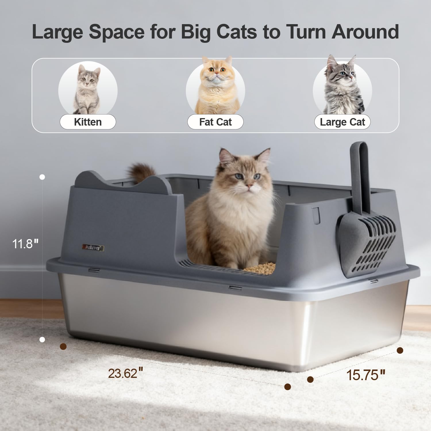 Katzentoilette aus Edelstahl, oben offen, hochseitige Metalltoilette mit Schaufel, extra große Katzentoiletten für Kätzchen und große Katzen, Anti-Urinleckage, nicht klebrig, leicht zu reinigen (Grau)