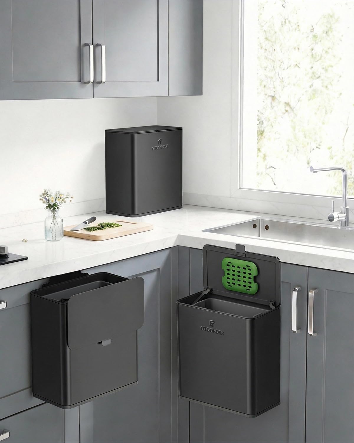 Kitchen Compost Bin, 8L/2.1G Small Trash Can with Lid, Slim Stainless Steel Hanging Garbage Bin for Kitchen, Bathroom, Bedroom, Office, Wall Mounted Compost Bin with Inner Bucket, Black