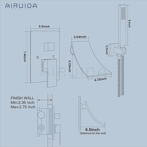 Miniatura 6 de Airuida Grifo de bañera de montaje en pared, níquel cepillado con rociador de ducha de mano, boquilla de cascada con moderno grifo de llenado de