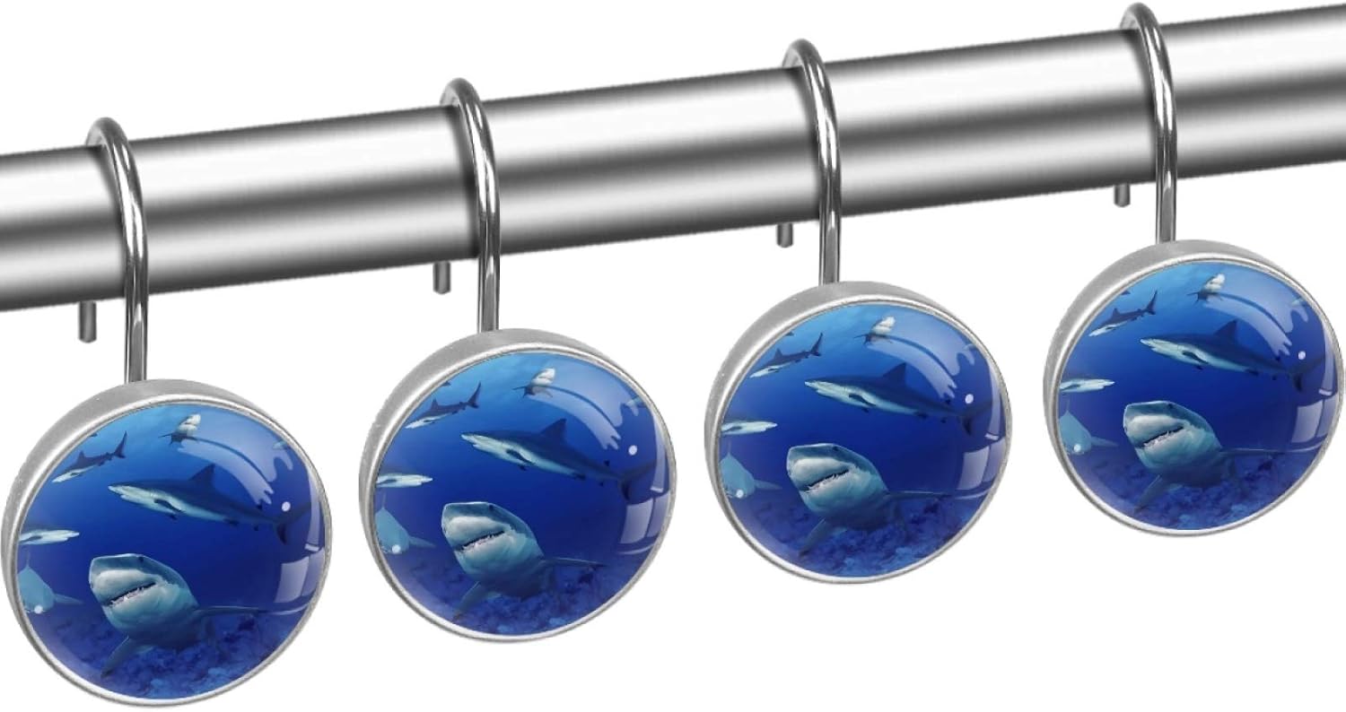 LORVIES Sharks Shower Curtain Hooks Set of 12, Stainless Steel Shower Hooks Decorative Hanger Rings Rust Resistant for Bathroom Kids Room Fashion Home Decor