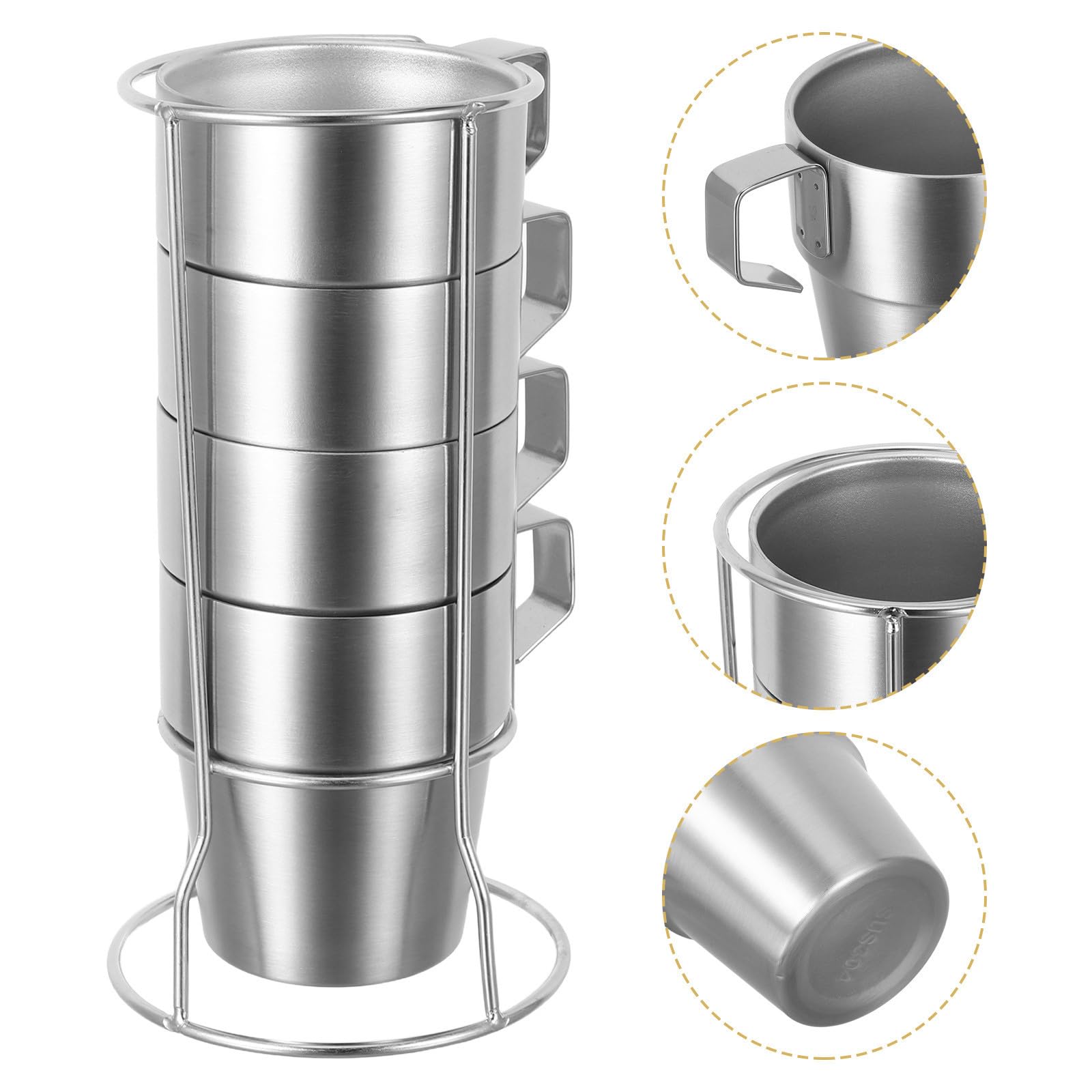 Kisangel Doppelwandbecher aus Edelstahl mit Henkel und Ständer 300ml Stapelbar Silber für Camping und Outdoor Abenteuer