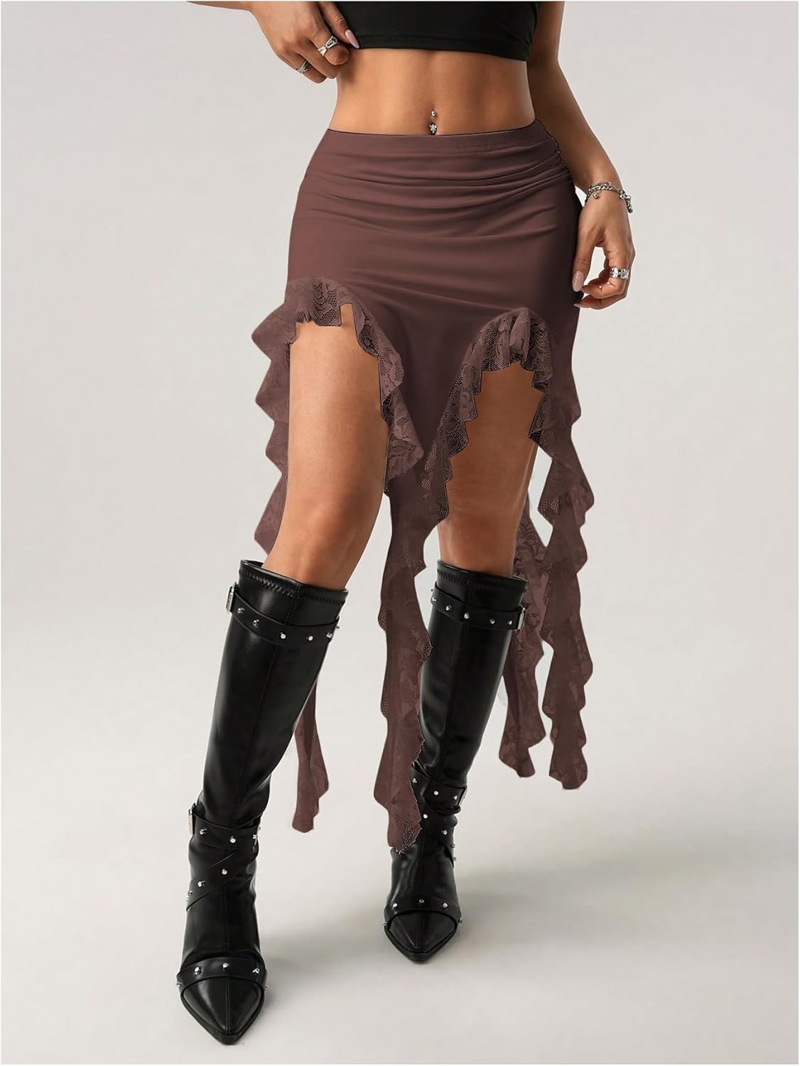 Verdusa Women's Lace Asymmetrical Skirt High Slit Boho Western Flowy Skirt Concert Rave Outfits