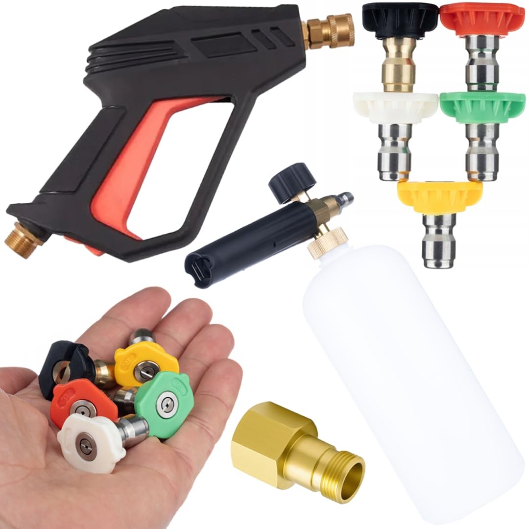 Rosfix Zestaw akcesoriów do myjki wysokociśnieniowej – pistolet M22, 5 dysz natryskowych 0–40°, adapter Easy!Lock na M22, 1 l wyrzutnia pianowa, 275 barów, zamiennik do Kärcher HD, Lavor, Parkside