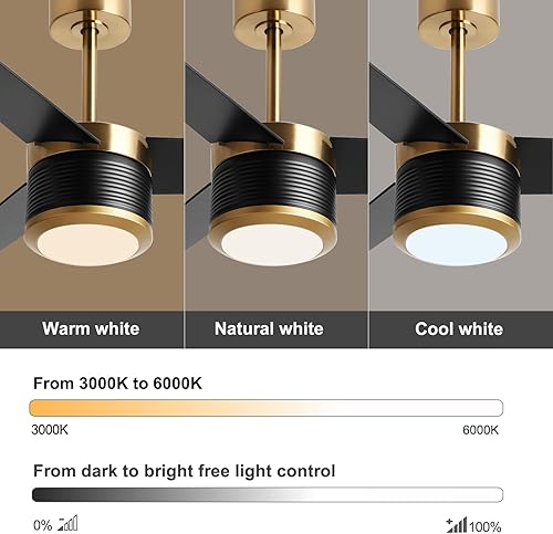 Miniatura 5 de reiga Ventilador de techo moderno de 52 pulgadas con luz, 3 aspas de motor CC negro y dorado, ventiladores de techo de madera, compatible con