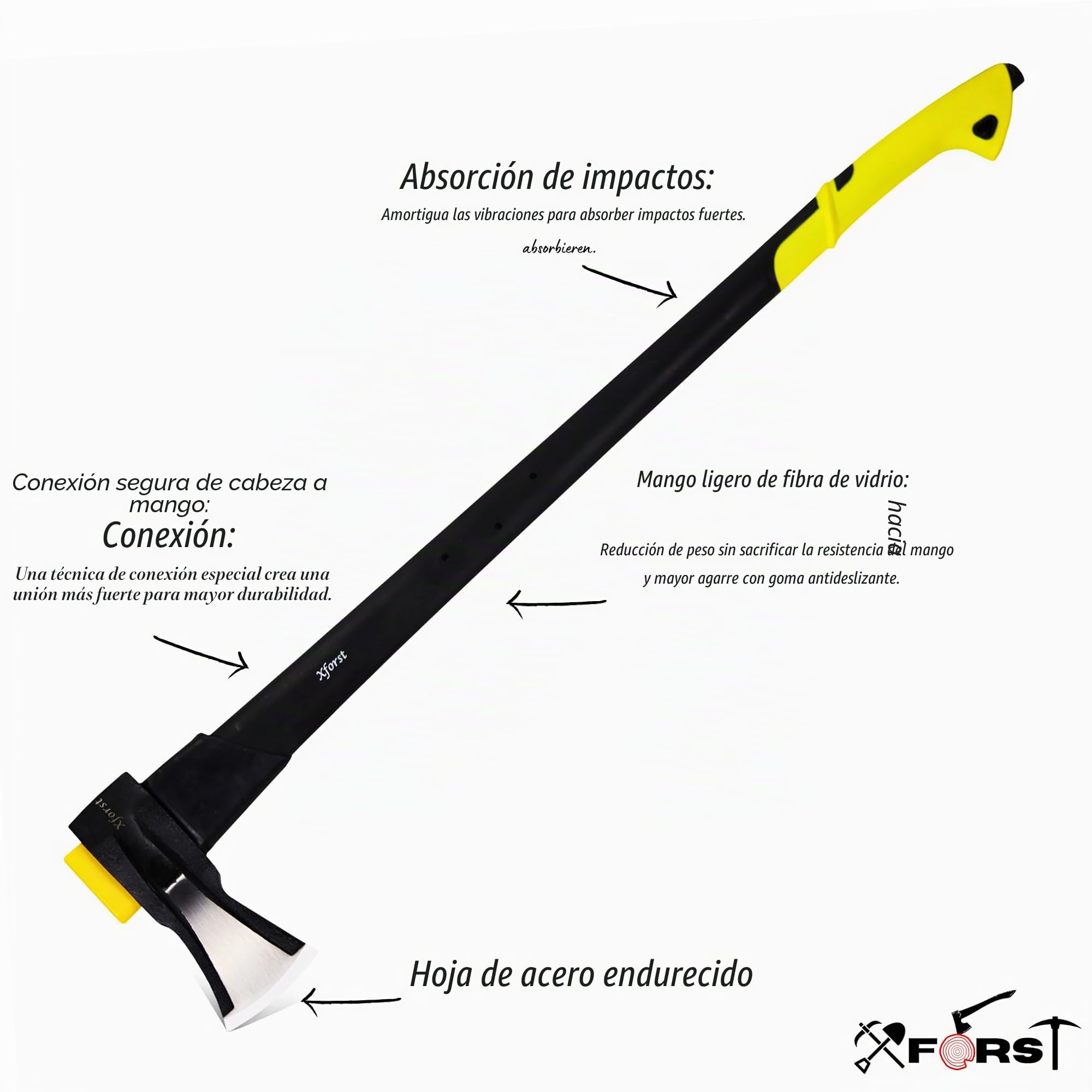 Xforst Hacha de Partir Forestal SA2F 93 cm con Mango de Fibra de Vidrio Amarillo y Negro – Cabeza de 2 kg Acero Forjado – 3,1 kg Total – Fijación Patentada – Hacha para Leña y Exterior