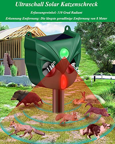 Katzenschreck Ultraschall, Solar Katzenschreck für Garten, IPX5 Wasserdicht USB Lade Marderschreck mit Bewegungssensor, 5 Frequenzbereiche und rot Blinklichter, Vogelschreck für Katzen, Hunde, Vögel