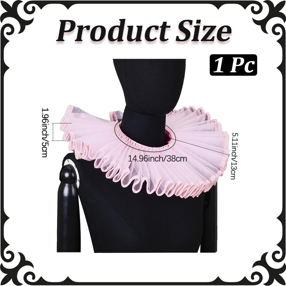 CABODYALS Pink Gathered Tulle False Collar Vintage Victorian Renaissance Medieval Detachable Lace Up Ruff Pleated Transparent Organza Cape Clown Neck Collars for Clothing Accessories Costumes Cosplay - Image 2