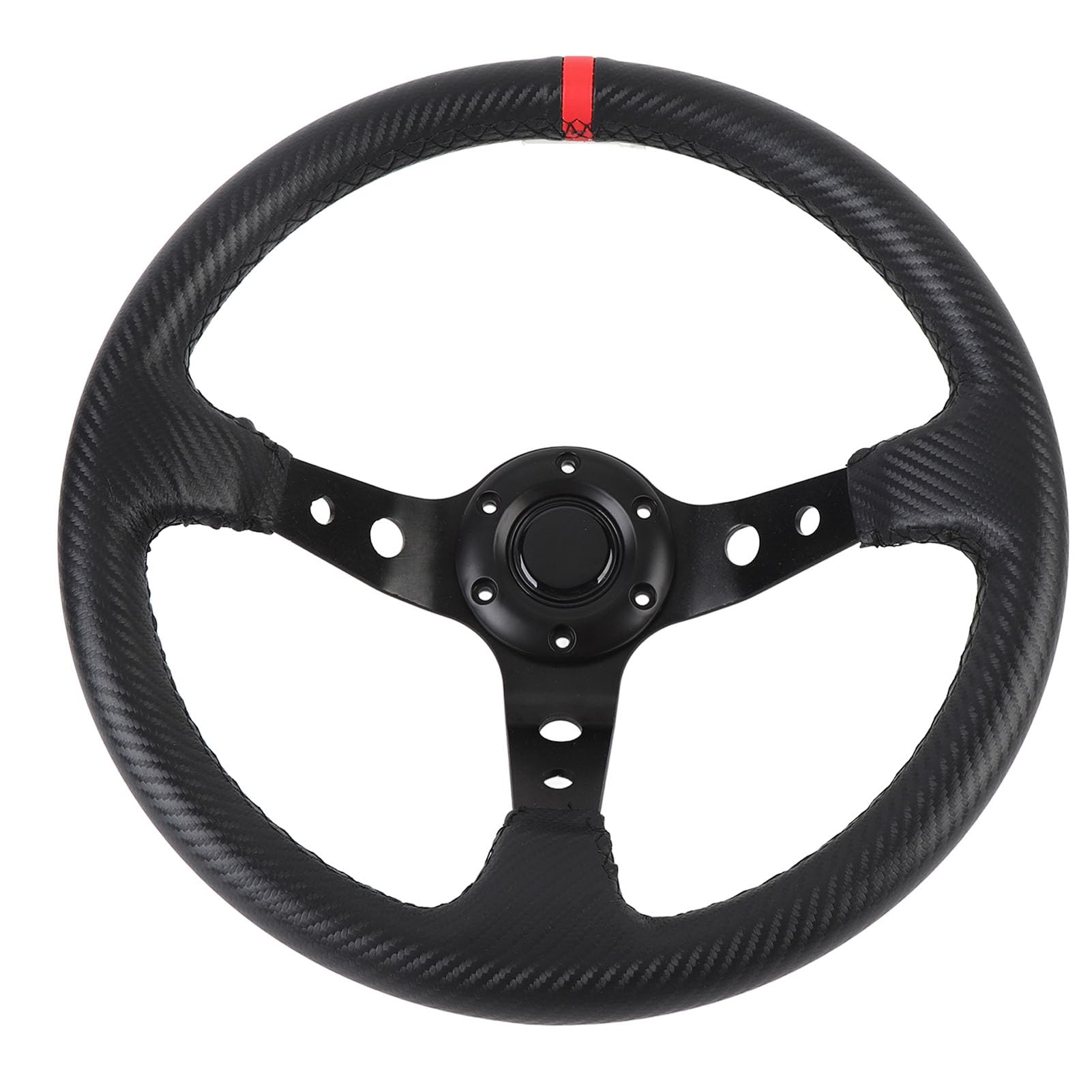 SIXRUN 14-Zoll-Carbonfaser-Lenkrad Universal-Sportlenkrad mit Hupenknopf für 6-Loch-Nabenadapter PU-Leder-Aluminiumrahmen (Rot)