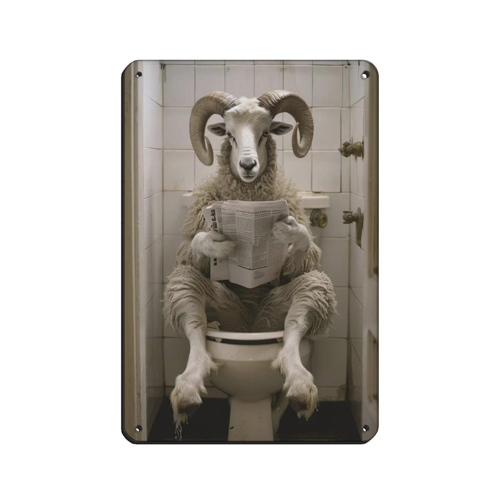 Ram Sitting on The Toilet Reading A Newspaper (4) Retro Poster Metal Tin Sign Chic Art Retro Iron Painting Bar People Cave Cafe Family Garage Poster Wall Decoration 8x12inch(20x30cm)