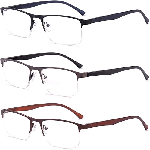 FONHCOO Paquete de 3 lentes de lectura con bloqueo de luz azul, medio marco, bisagra de resorte, marco de metal, lentes rectangulares para hombres y