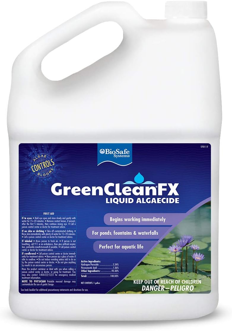 GreenCleanFX Liquid Algaecide - 1 Gallon - Green Water - Plantonic Algae Control for Pond, Fountain, Water Features. EPA Registered. Safe for Fish, Birds, Pets and Aquatic Plants.